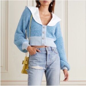 NWT Ganni Cropped Blue Sparkle Wool Blend Knit Crystal Cardigan